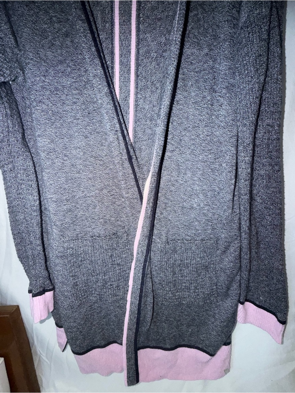 T by Talbots Open Front Long Cardigan Marled Gray Pink Stripe Trim Size M - Picture 4 of 9